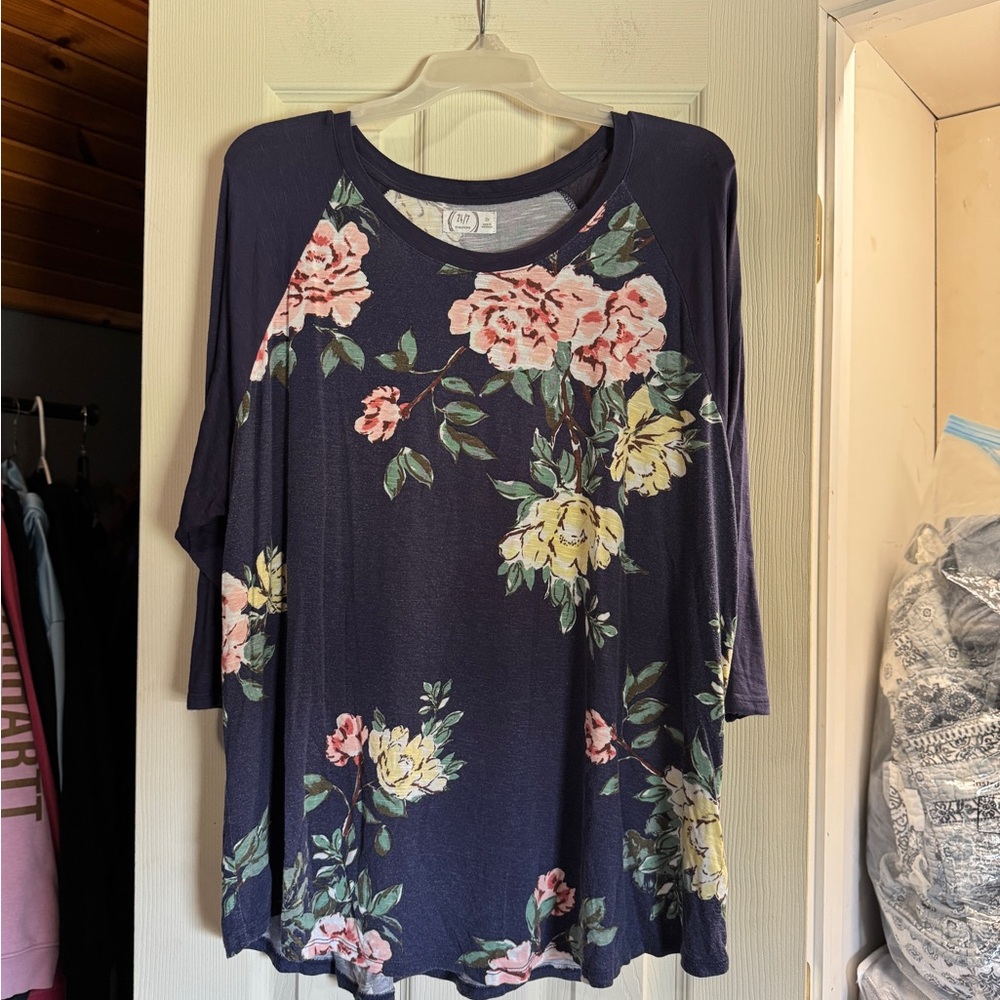Maurices Navy Floral Raglan Long Sleeve Top with Pink & Yellow Blooms